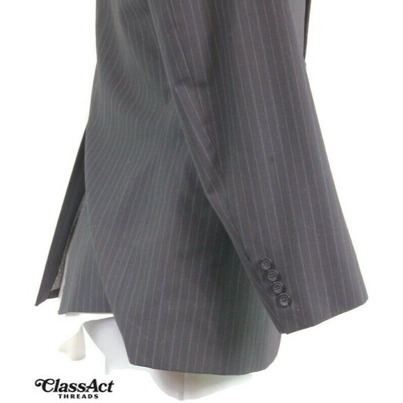 J. Ferrar Black Mens Modern Fit 2 Piece Suit 3 Btn Black Striped 40R 34" Waist - Picture 6 of 10